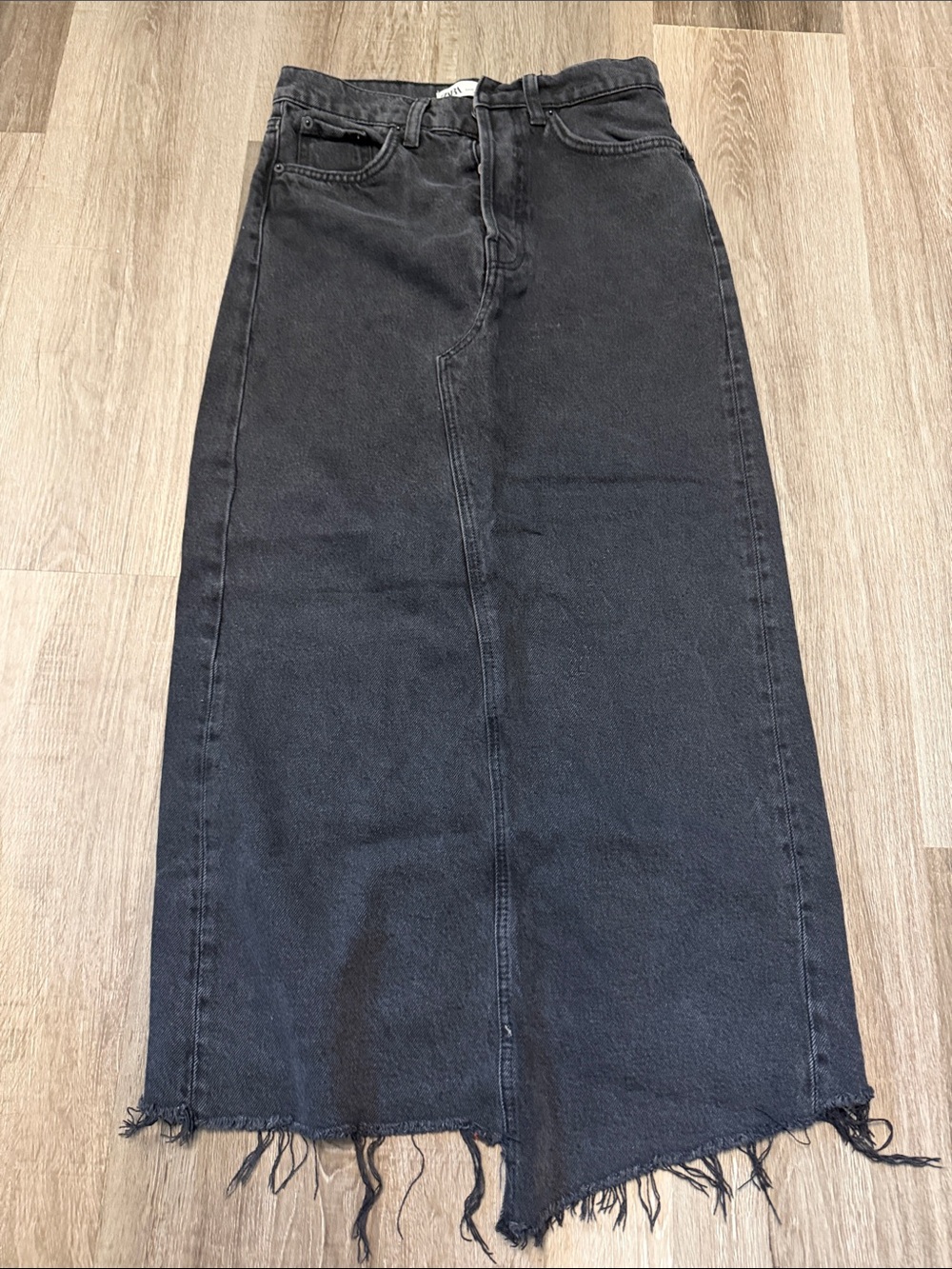 Zara Black Denim Maxi Skirt with Frayed Asymmetrical Hem